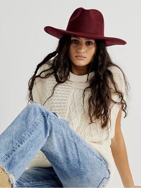 Free People hat burgundy flat basic wide brim felt wool hat